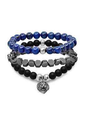 3-Piece Stainless Steel, Black Lava, Blue Lapis & Hematite Beaded Bracelet Set