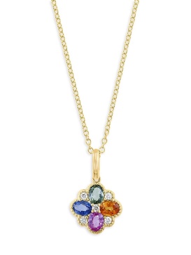 14K Yellow Gold, Multi Stone & Diamond Floral Pendant Necklace