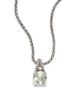 Green Amethyst, Sterling Silver & 18K Yellow Gold Square Pendant Necklace