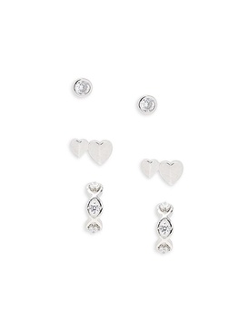 Set of 3 Rhodium Plated & Cubic Zirconia Heart Earrings Set