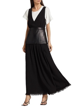 Leather-Inset Crepe Maxi Dress