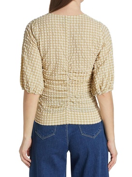 Stretch Seersucker Puff Sleeve Top
