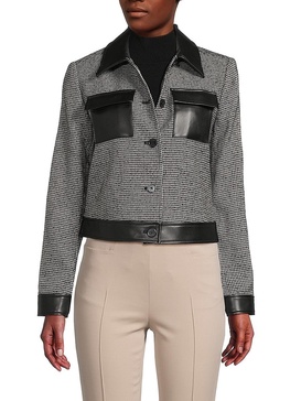 Houndstooth Faux Leather Trim Jacket