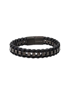 Black IP Stainless Steel, Leather, Lapis Lazuli & Lava Layered Bracelet