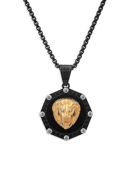 Tri Tone Stainless Steel & Simulated Diamond Lion Head Pendant Necklace