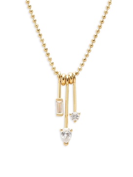 18K Yellow Goldplated Cubic Zirconia Stick Pendant Beaded Necklace