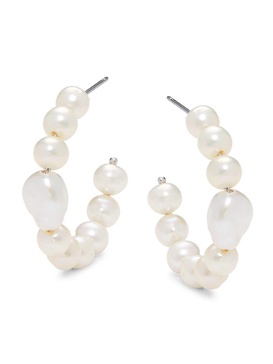 Lucca Rhodium Plated 5-7MM Freshwater Pearl & Cubic ZIrconia Half Hoop Earrings