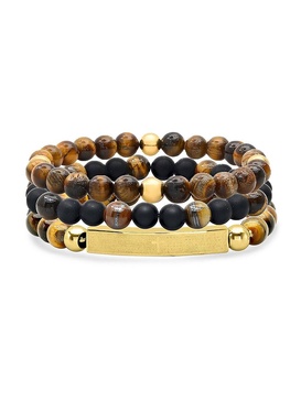 3-Piece 18K Goldplated Stainless Steel, Tiger Eye & Black Lava Beaded Bracelet Set