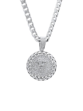 Stainless Steel & Simulated Diamond Round Jesus Head Pendant Necklace