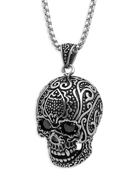 Stainless Steel & Cubic Zirconia Skull Pendant Necklace