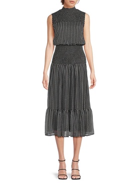 Mock Neck Sleeveless Smocked Midi Dress