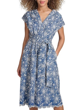 Kensie Faux-Wrap Embroidered Chambray Midi-Dress