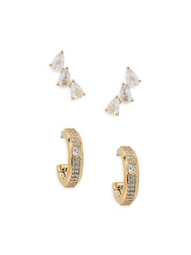 ​2-Piece 18K Goldplated & Cubic Zirconia Stud C Hoop Earring Set