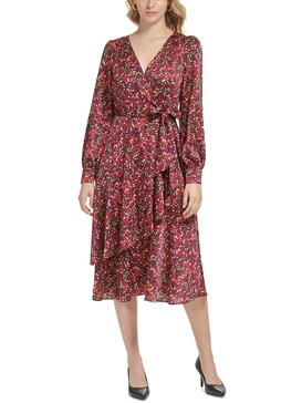 womens faux wrap midi fit & flare dress