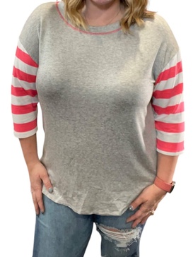 3/4 sleeve stripe tee in grey/pink