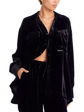 womens velvet pockets button-down top