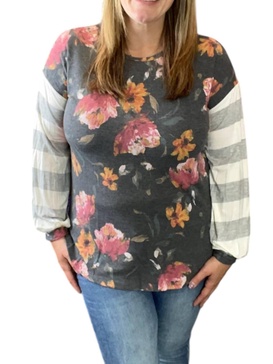 floral and stripes top in gray