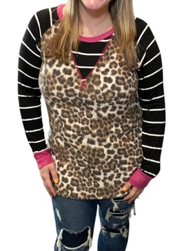 leopard long sleeve tee in pink/brown/black