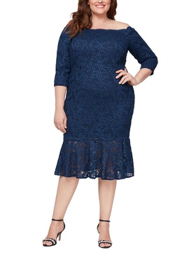 plus womens off-the-shoulder below knee cocktail and party dress