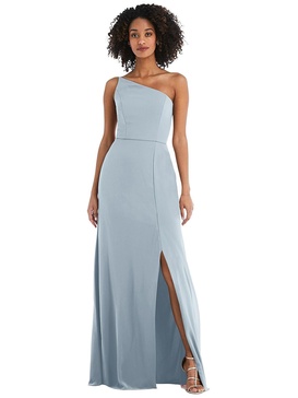 skinny one-shoulder trumpet gown with front slit