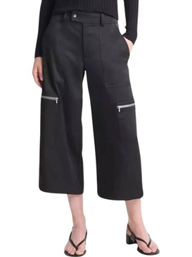 low rise satin parachute crop pants in black