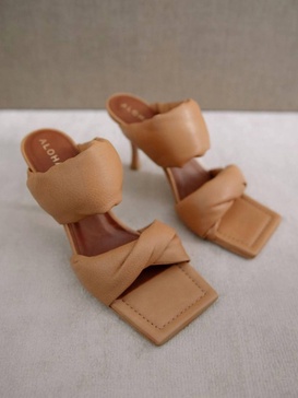 twist strap leather mules in camel