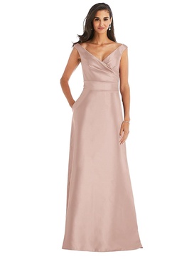 off-the-shoulder draped wrap satin maxi dress
