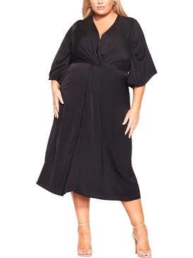 plus womens flare sleeve v-neck midi dress
