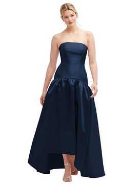 strapless fitted satin high low dress with shirred ballgown skirt