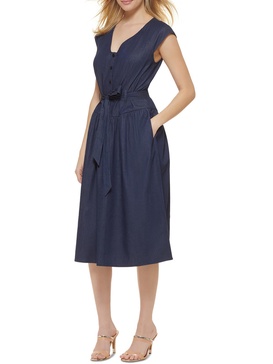 womens half-button belted midi dress