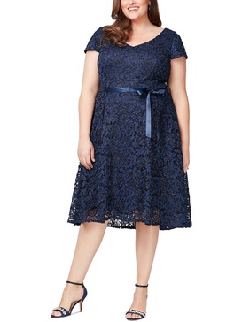plus womens metallic lace fit & flare dress
