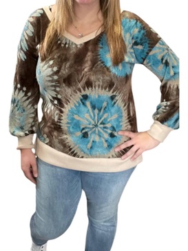 v-neck sweater in mocha/turquoise