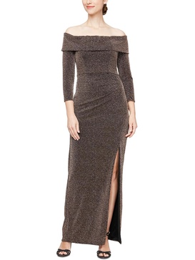 womens metallic off-the-shoulder evening dress