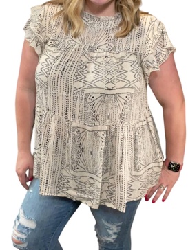 abstract ruffle sleeve top in beige
