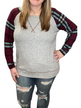 plaid long sleeve top in burgundy/mint