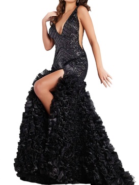 beaded fit and flare gown in black