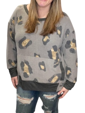 leopard kangaroo pocket sweater in charcoal