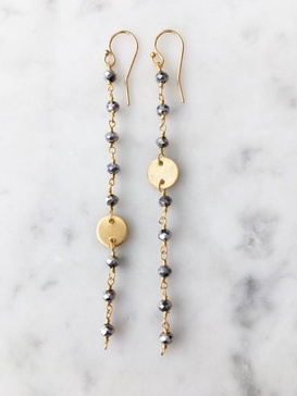 polished pyrite coin long chain earring