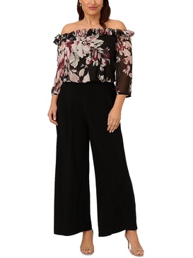 plus womens chiffon off-the-shoulder jumpsuit