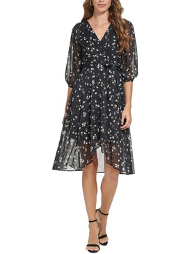 petites womens floral hi-low midi dress