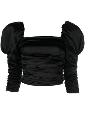 katrice 3/4 puff sleeve square neck ruched top blouse in black