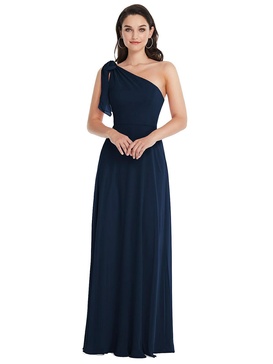 draped one-shoulder maxi dress with scarf bow