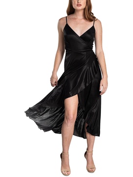 womens shimmer tea length wrap dress