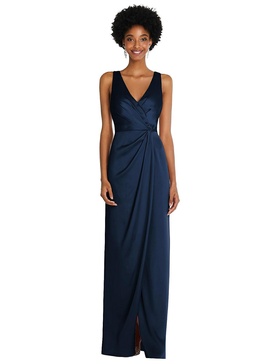 faux wrap whisper satin maxi dress with draped tulip skirt