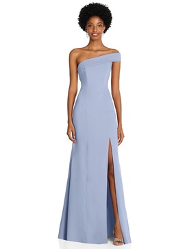 asymmetrical off-the-shoulder cuff trumpet gown with front slit