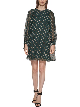 petites womens printed tie-cuff sleeve shift dress