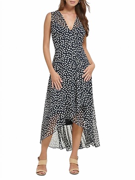 polka dot sleeveless high low dress in navy