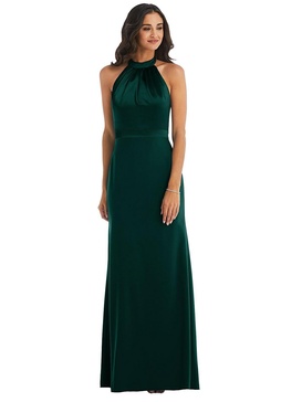 high-neck open-back maxi dress with scarf tie