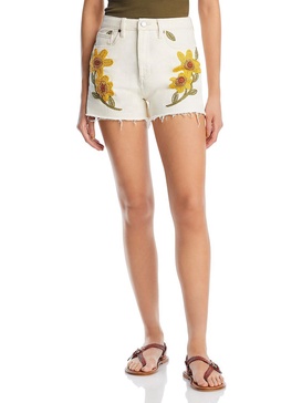womens embroidered high rise denim shorts