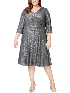 plus womens sequined midi cocktail and party dress
